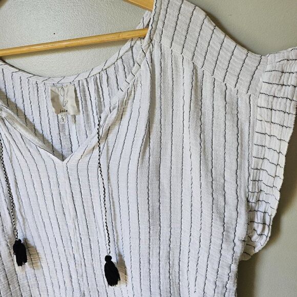 EUC JOIE PIN STRIPED SPLIT V NECK TASSEL ACCENT LOOSE FIT TOP SIZE L - Picture 2 of 15